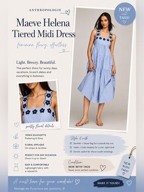Maeve Helena Tiered Midi Dress in Light Blue with Black Floral Appliqué